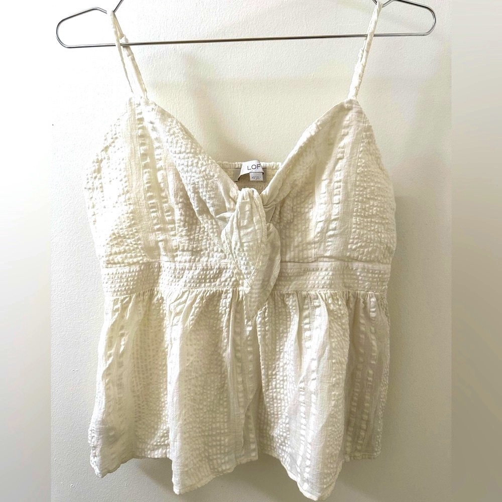 LOFT Like New Cream Textured Peplum Cami Tank Top, Adjustable Straps & Bow Tie